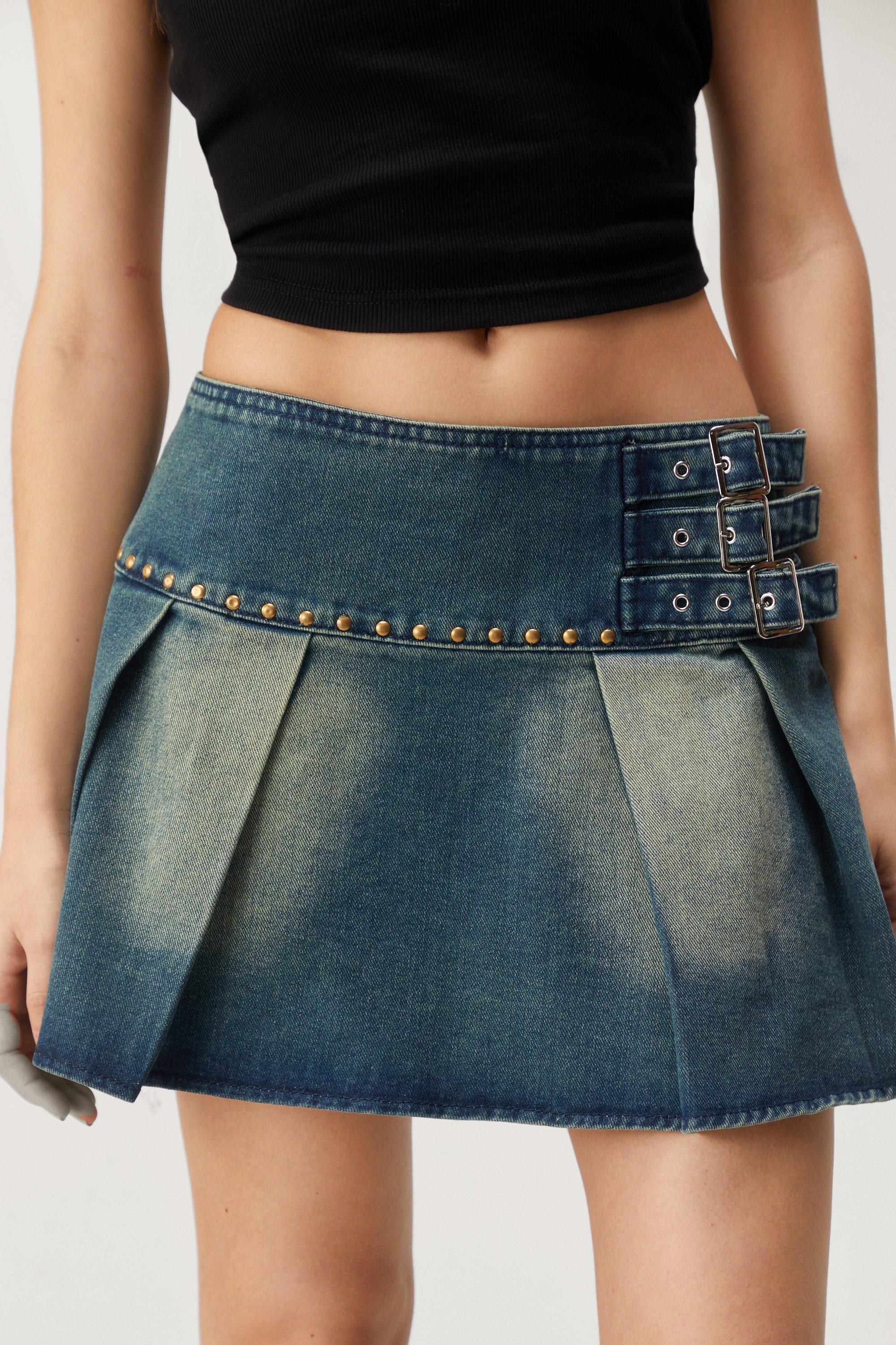 Nasty Gal Womens Denim Pleated Buckle Mini Skirt